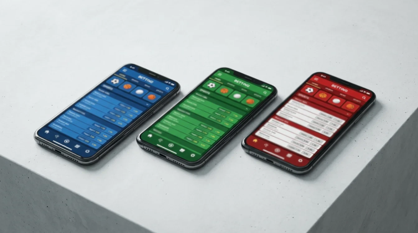 Tre smartphone affiancati che mostrano diverse interfacce di app per scommesse sportive