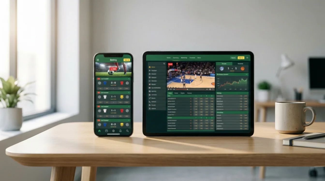 Smartphone e tablet su una scrivania che mostrano app di scommesse sportive
