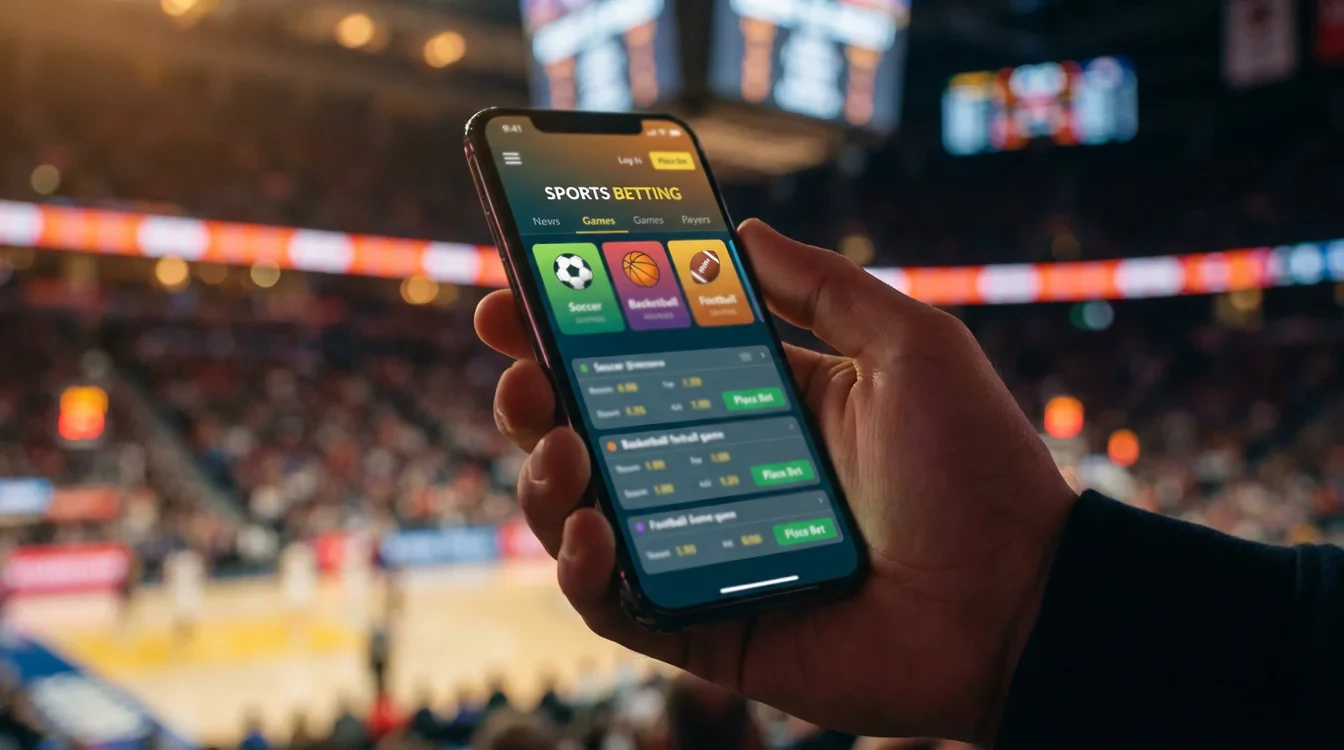 Smartphone con app di scommesse sportive aperta su sfondo di evento sportivo sfocato