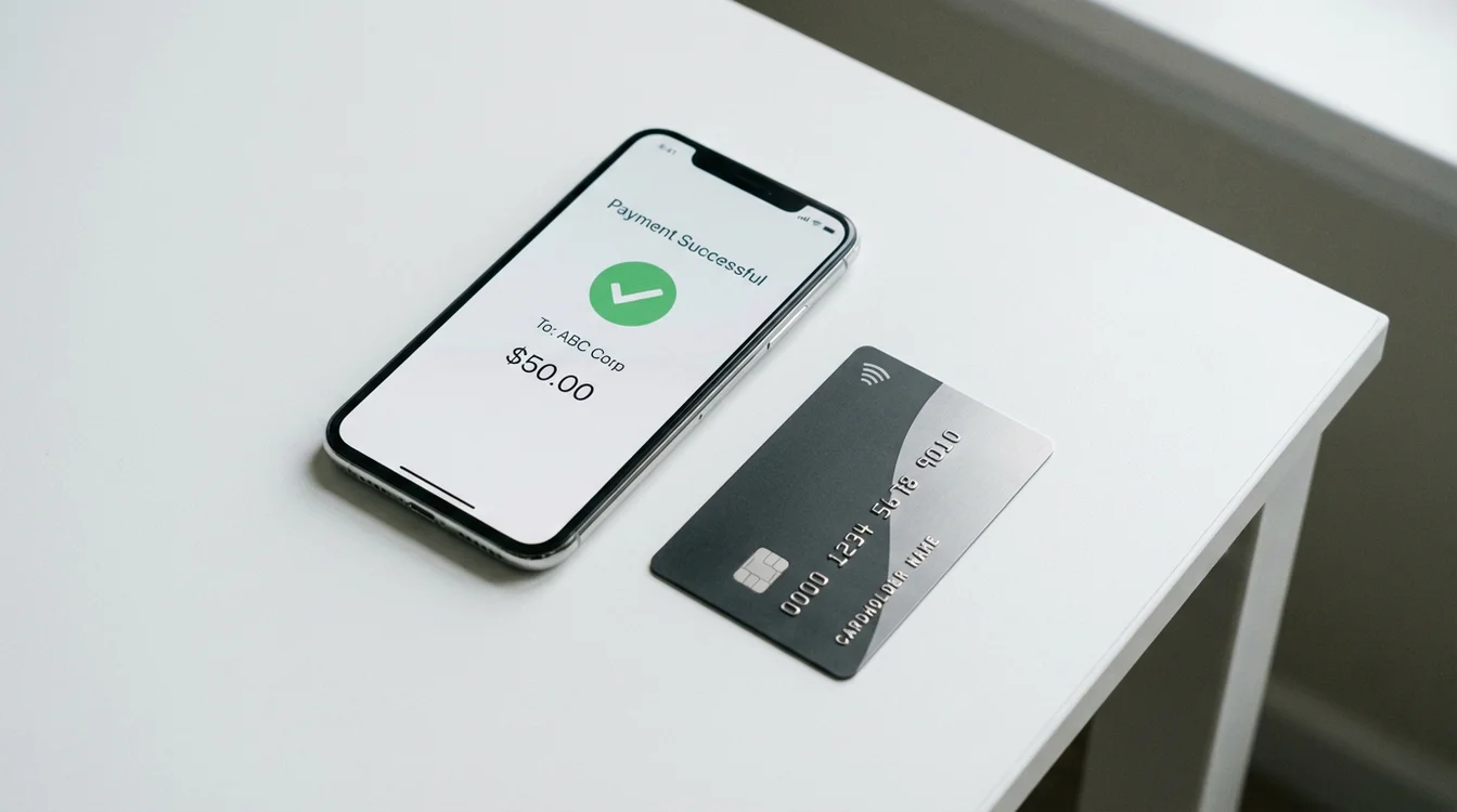 Smartphone con app di pagamento digitale e carta di credito su scrivania moderna