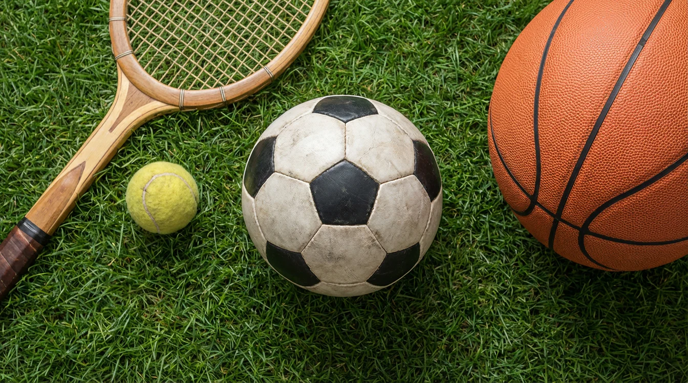 Diversi sport rappresentati: pallone da calcio, racchetta da tennis, pallone da basket su sfondo verde