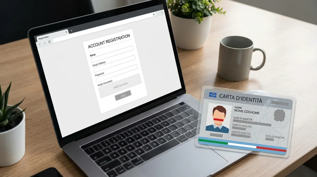 Schermata di registrazione su computer portatile con documento di identità accanto