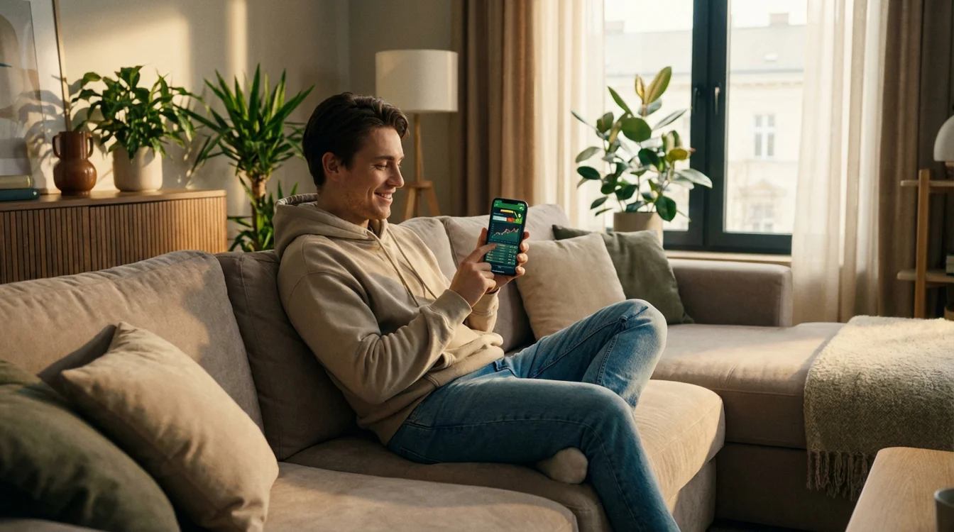 Persona che utilizza smartphone per scommesse sportive con espressione soddisfatta