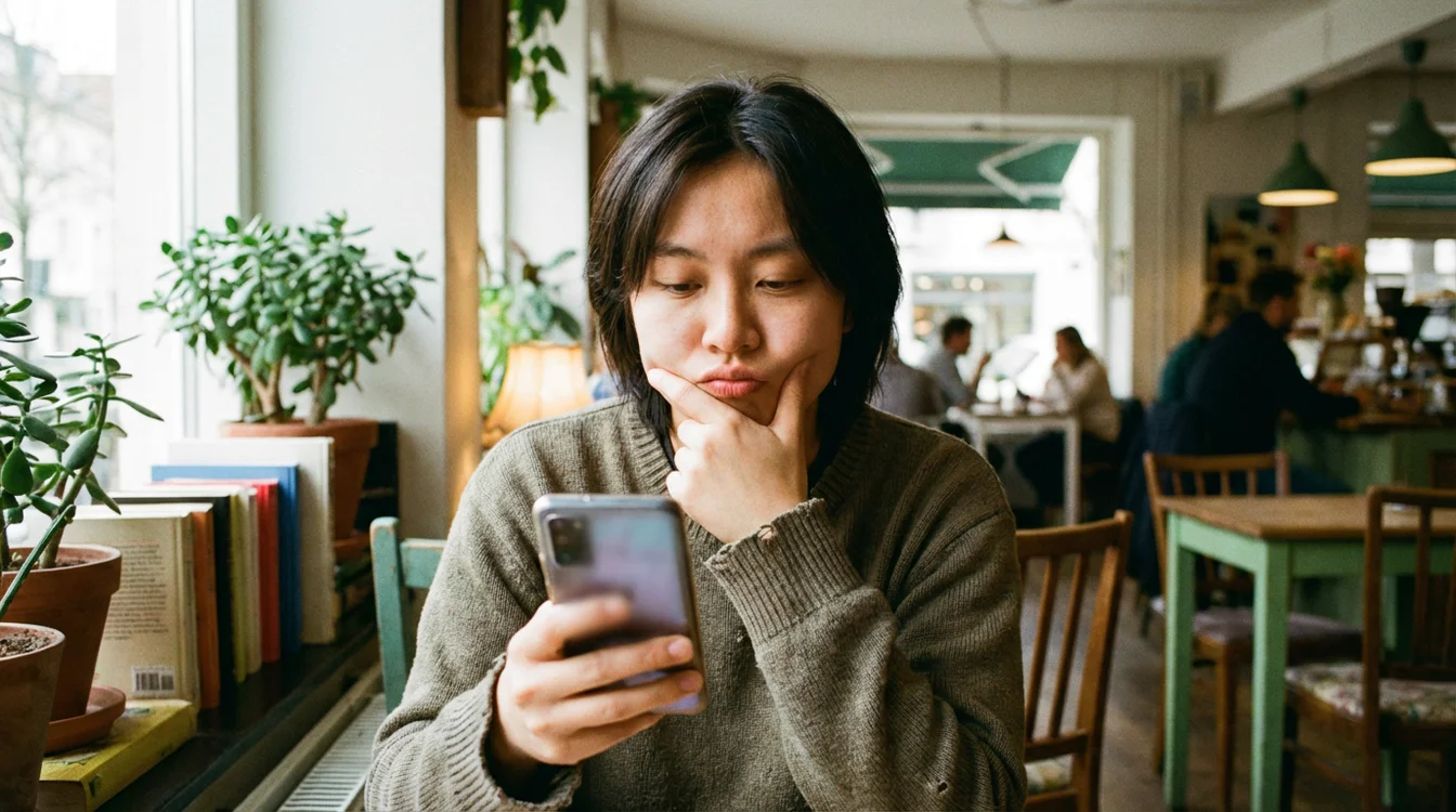 Persona pensierosa che guarda lo schermo del telefono con espressione di valutazione