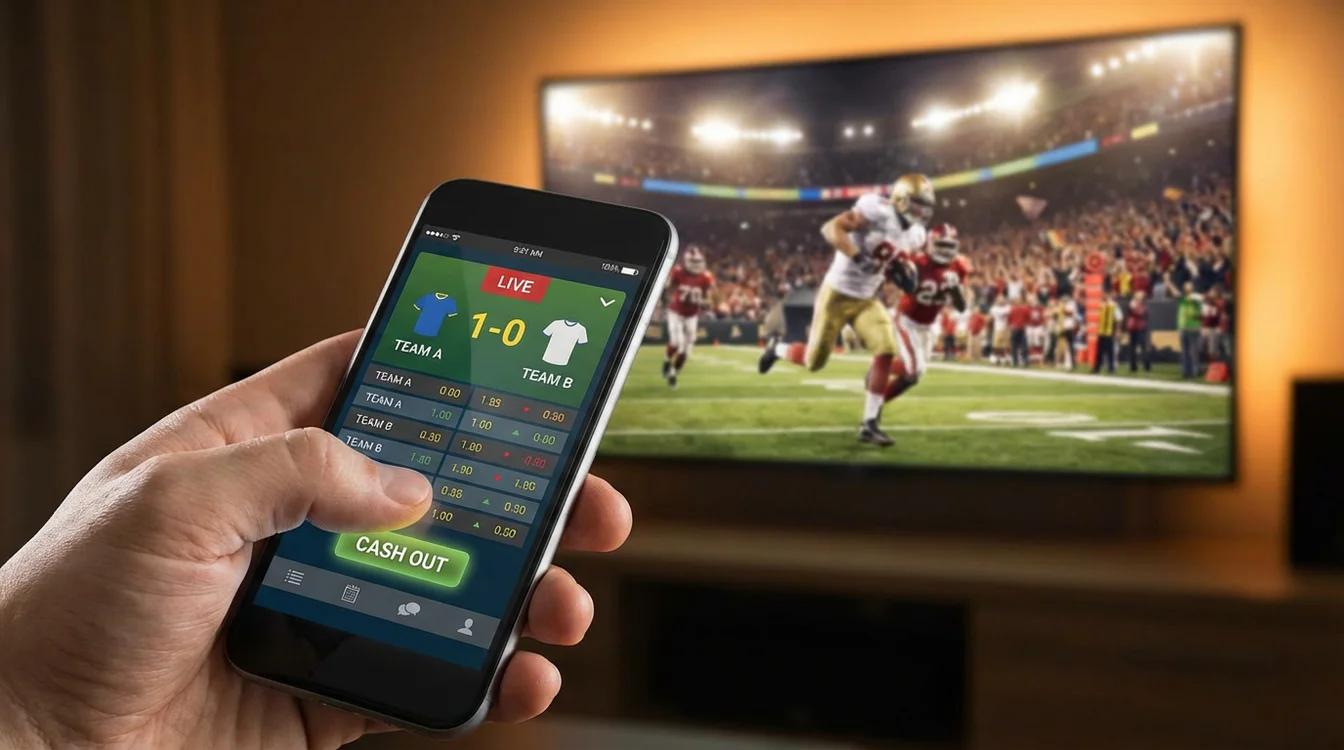 Mano che preme un pulsante su smartphone durante una partita sportiva visibile sullo sfondo