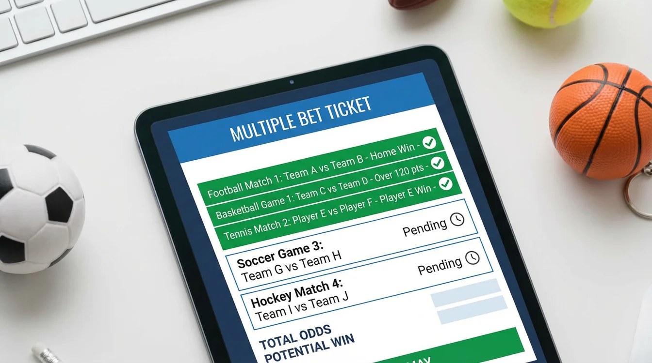 Schedina di scommesse multiple con segni di spunta verdi su diversi eventi completati