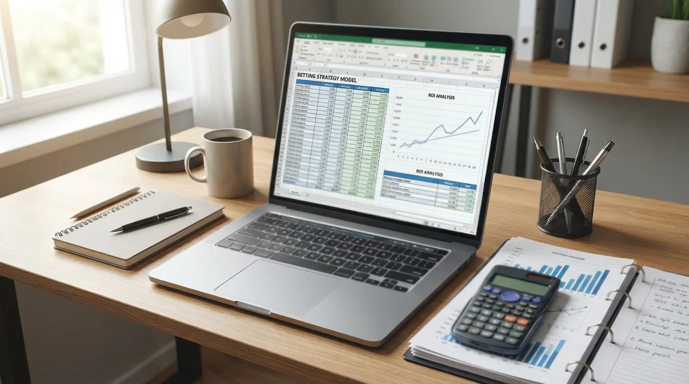 Laptop con calcolatrice e grafici per analisi delle scommesse