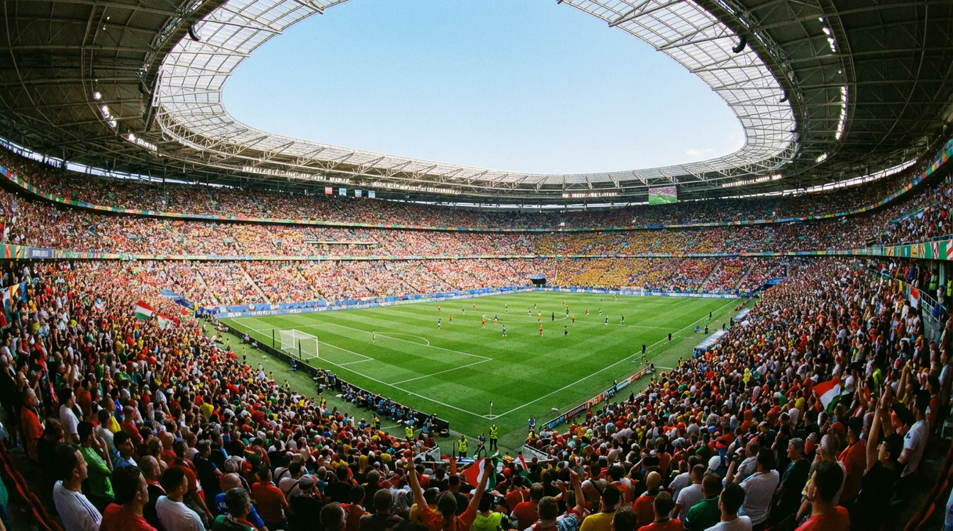 Veduta panoramica di uno stadio di calcio gremito di spettatori durante una partita diurna