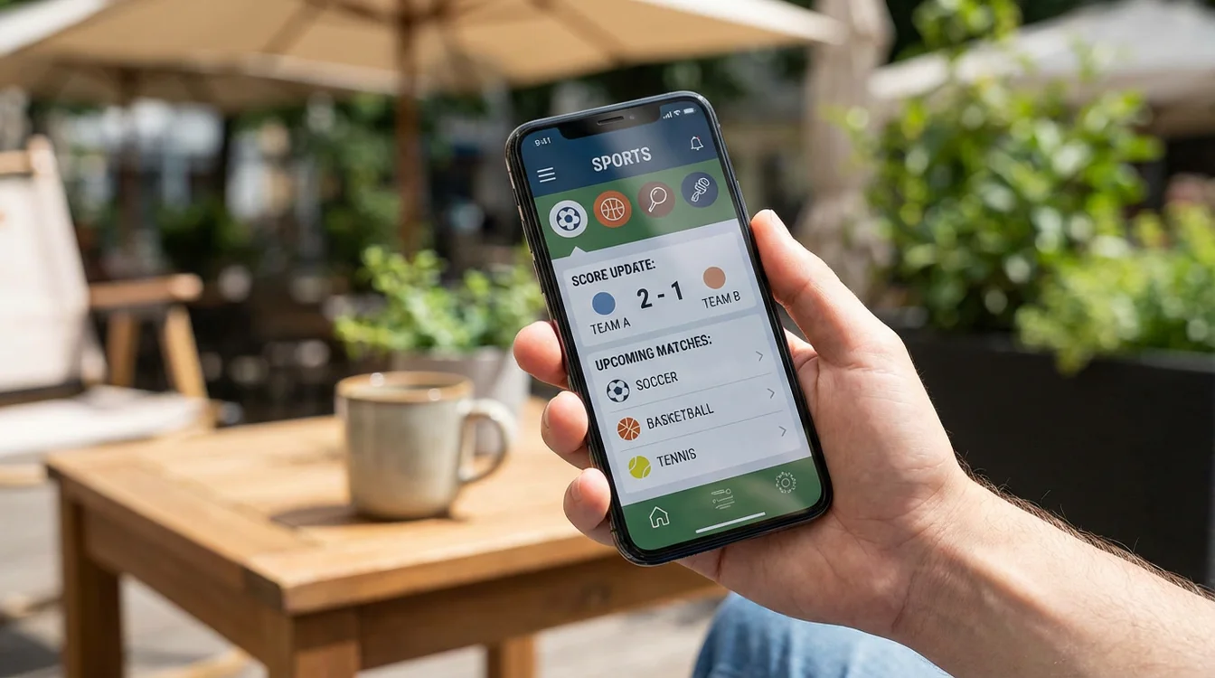 Mano che tiene uno smartphone con schermata di app sportiva in un ambiente casual