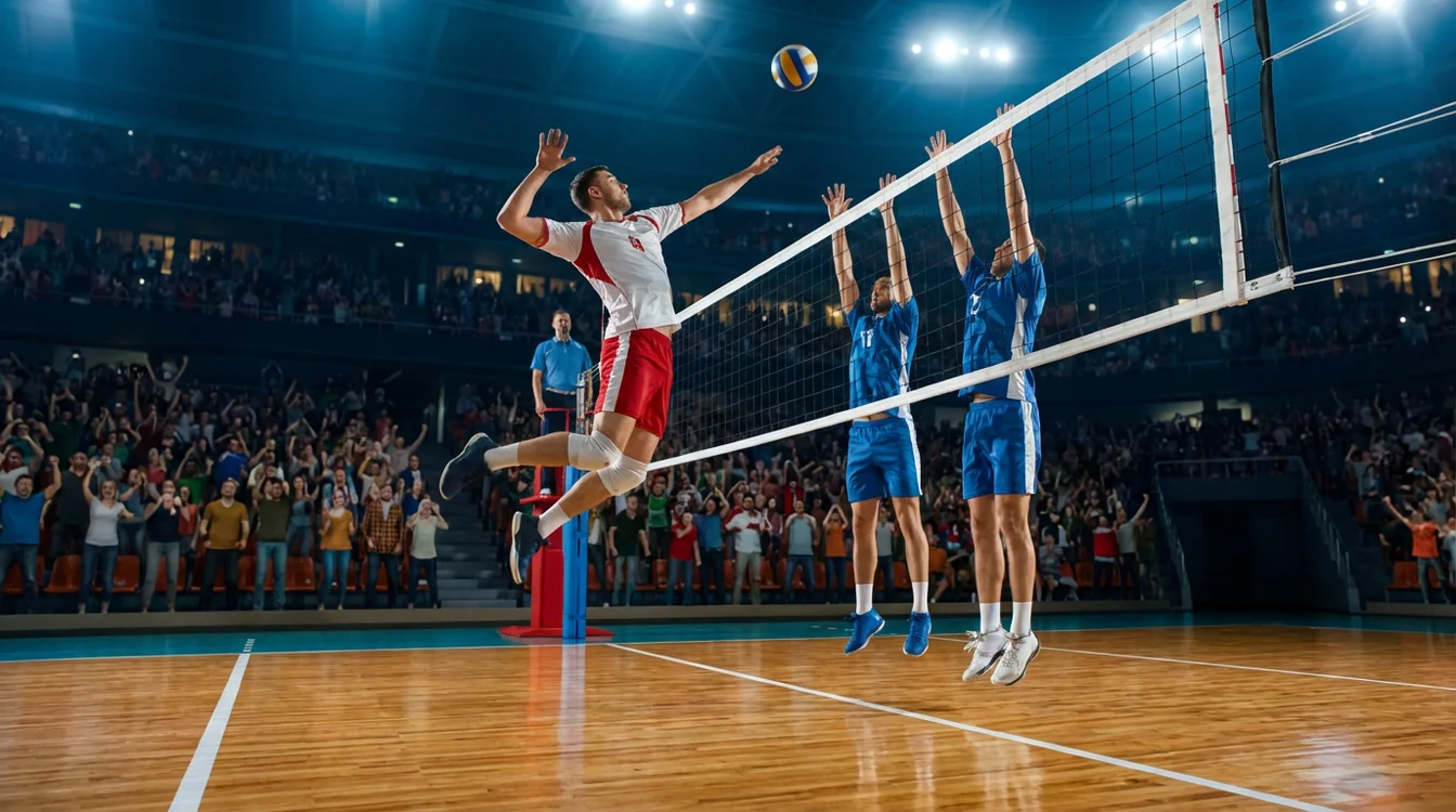 Giocatori di pallavolo in azione durante una schiacciata a rete in un palazzetto sportivo