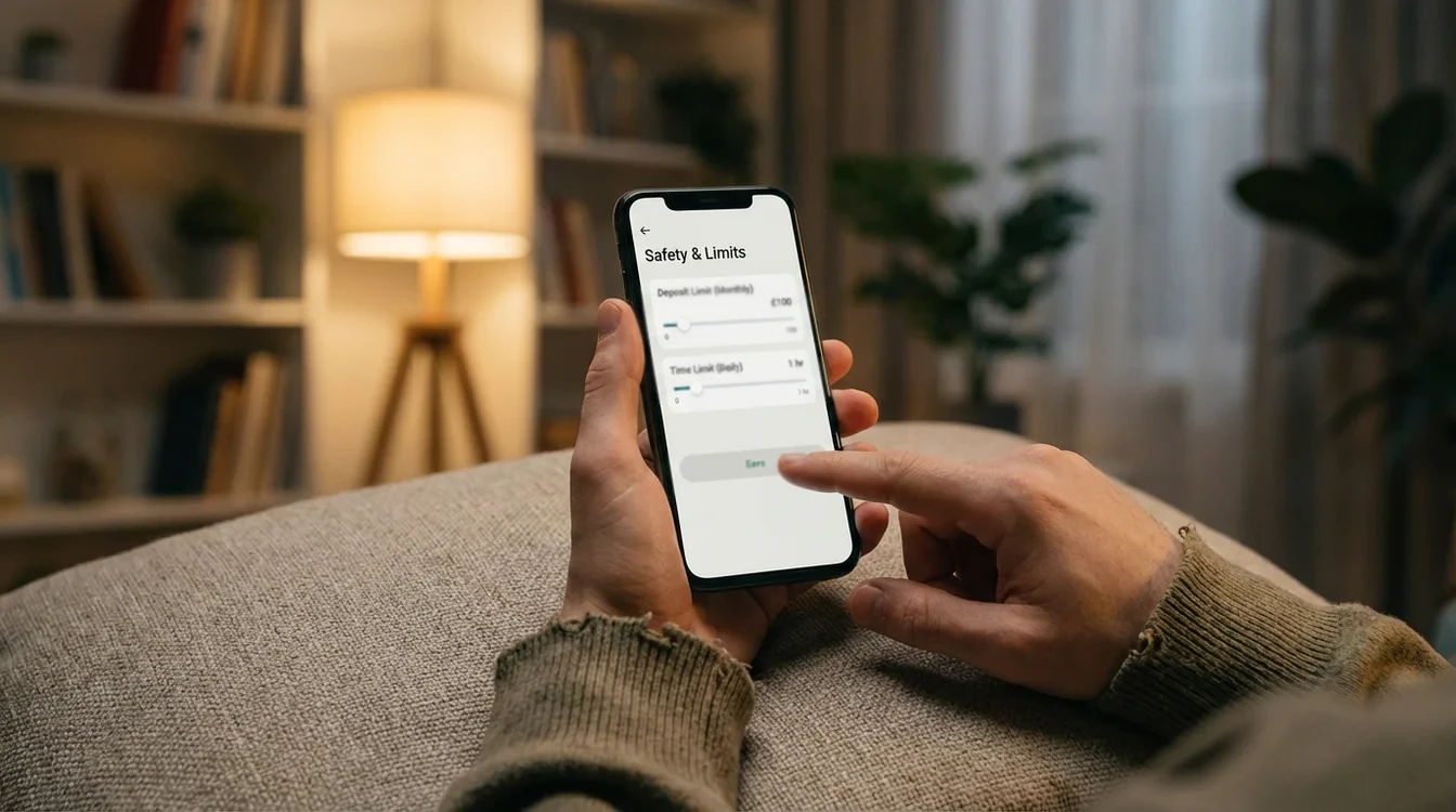 Persona che imposta limiti di sicurezza su un'app di scommesse sullo smartphone
