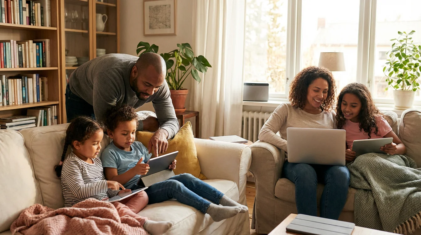 Famiglia che utilizza dispositivi digitali insieme in un ambiente domestico sicuro