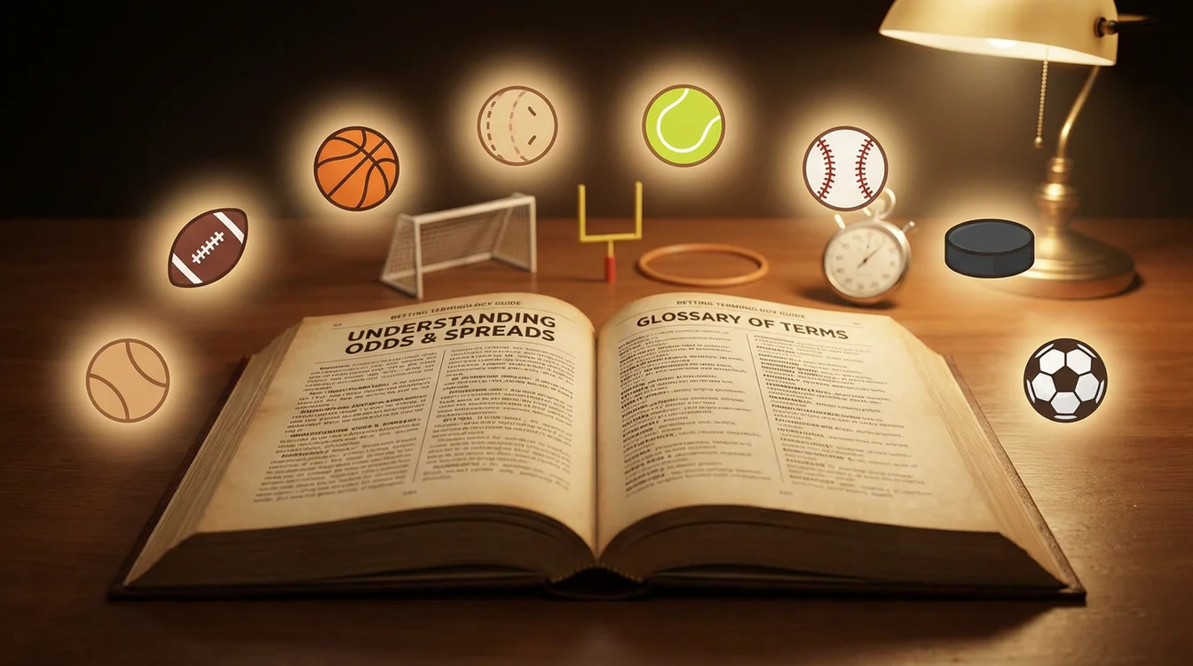 Libro aperto con terminologia delle scommesse e icone sportive