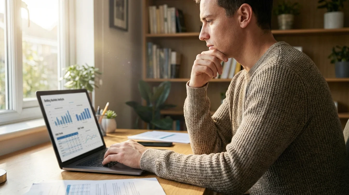 Persona pensierosa che studia dati di scommesse su laptop