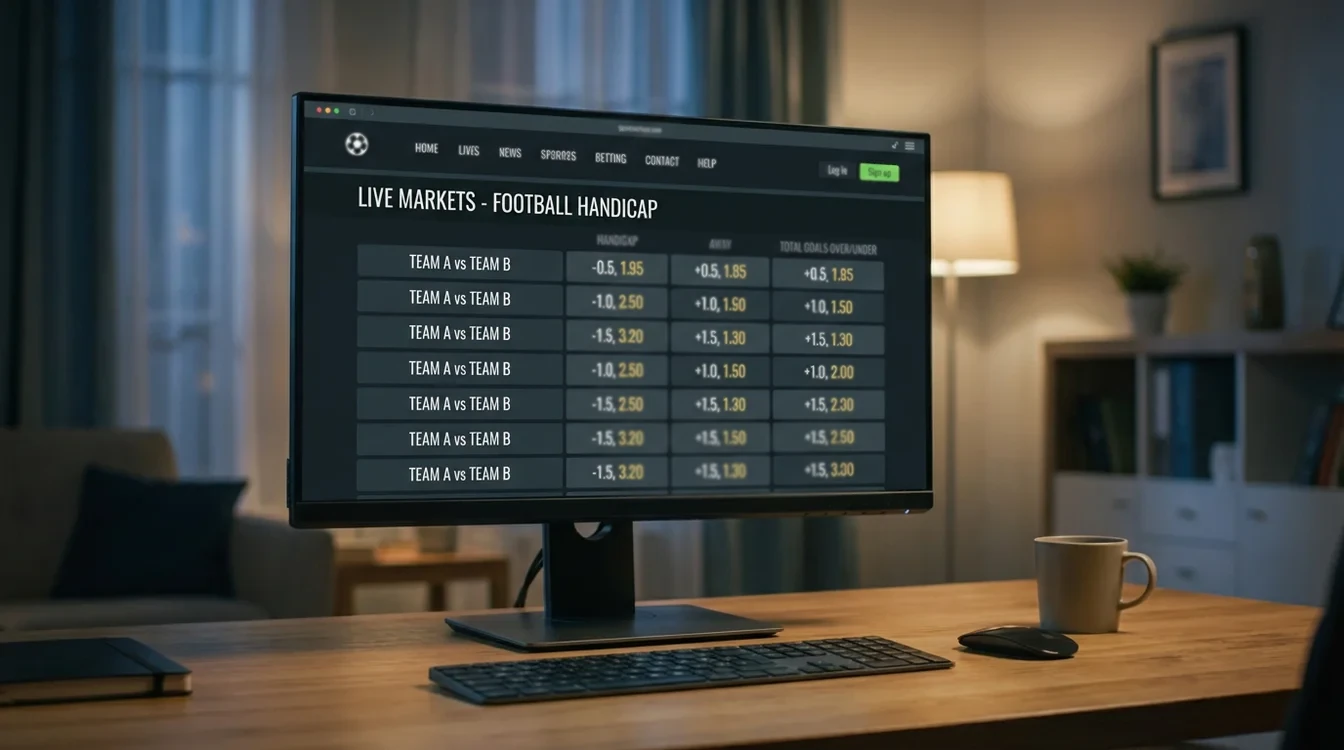 Schermata di scommesse con quote e linee di handicap su monitor