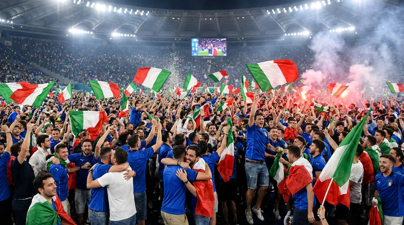 Tifosi italiani che esultano allo stadio durante una partita di calcio con bandiere tricolori