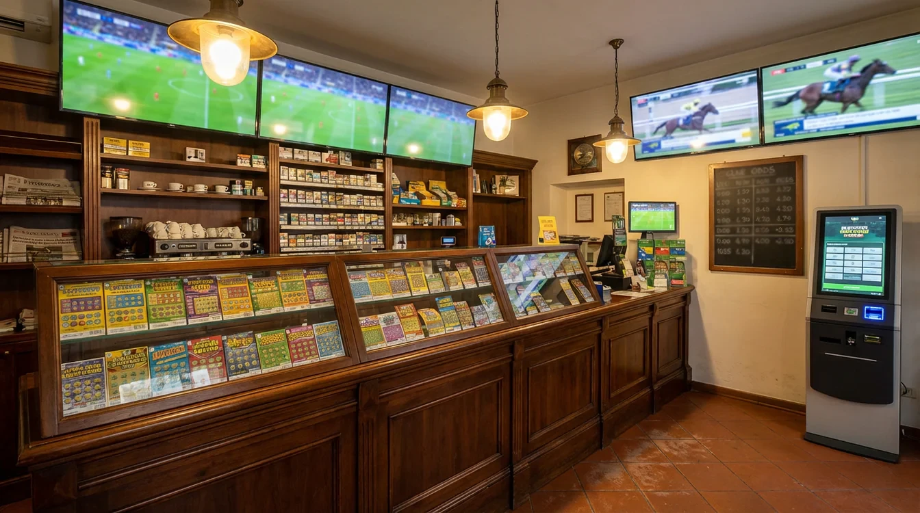 Interno di una ricevitoria italiana con bancone e schermi che mostrano eventi sportivi