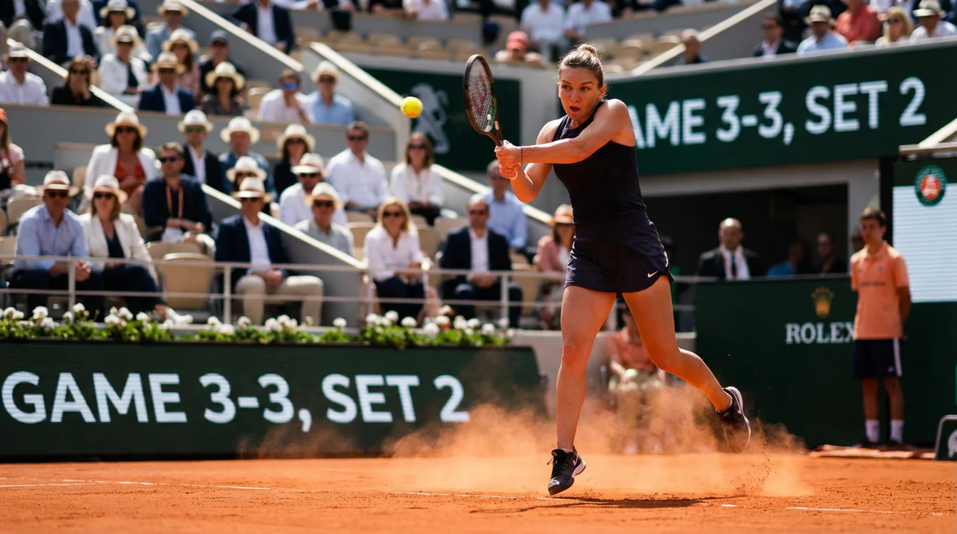 Azione di gioco durante una partita di tennis su campo in terra battuta con pubblico sugli spalti