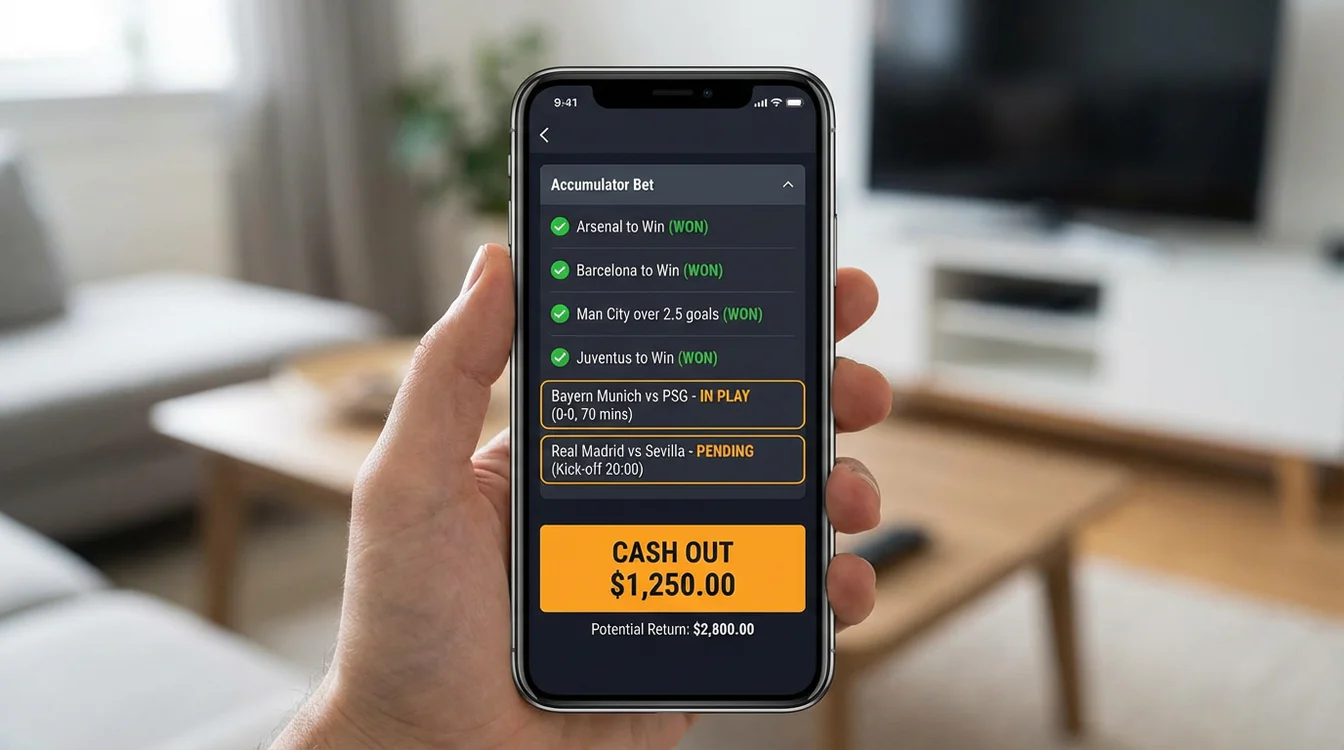 Smartphone che mostra una schedina parzialmente completata con opzione di cash out visibile