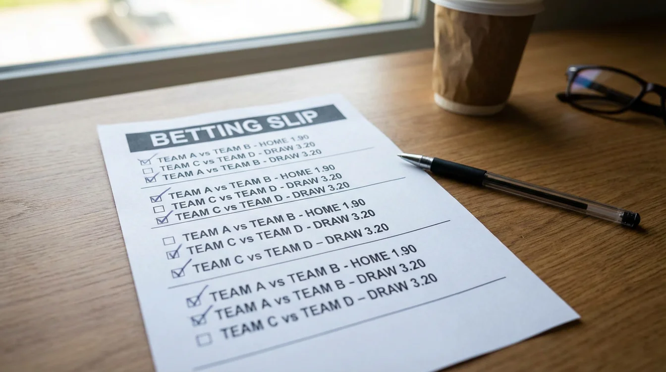 Schedina di scommesse con più eventi selezionati e penna su tavolo