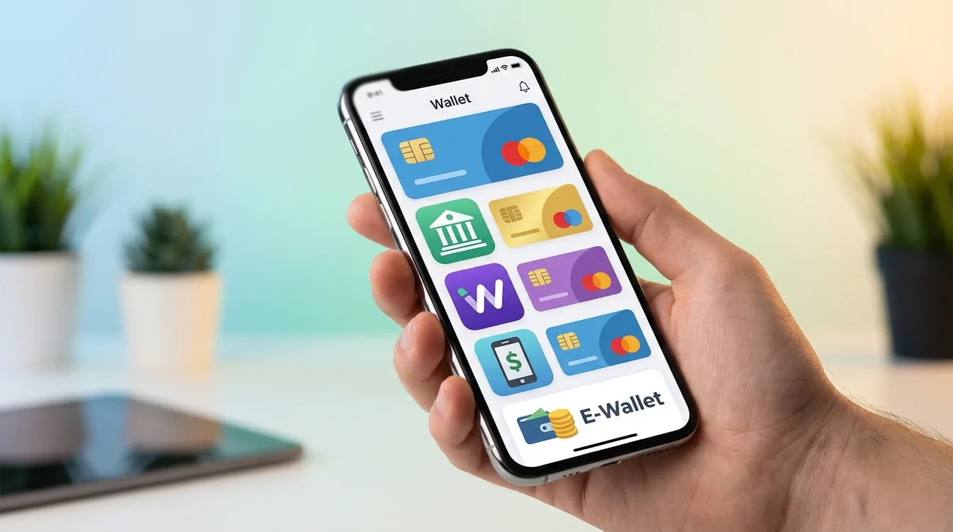 Portafoglio digitale su smartphone con icone di diversi metodi di pagamento