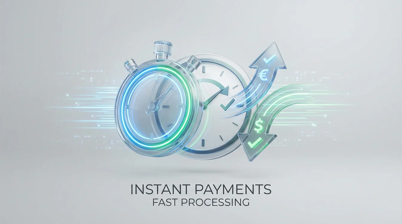 Orologio stilizzato con icone di transazioni finanziarie che rappresenta velocità dei pagamenti