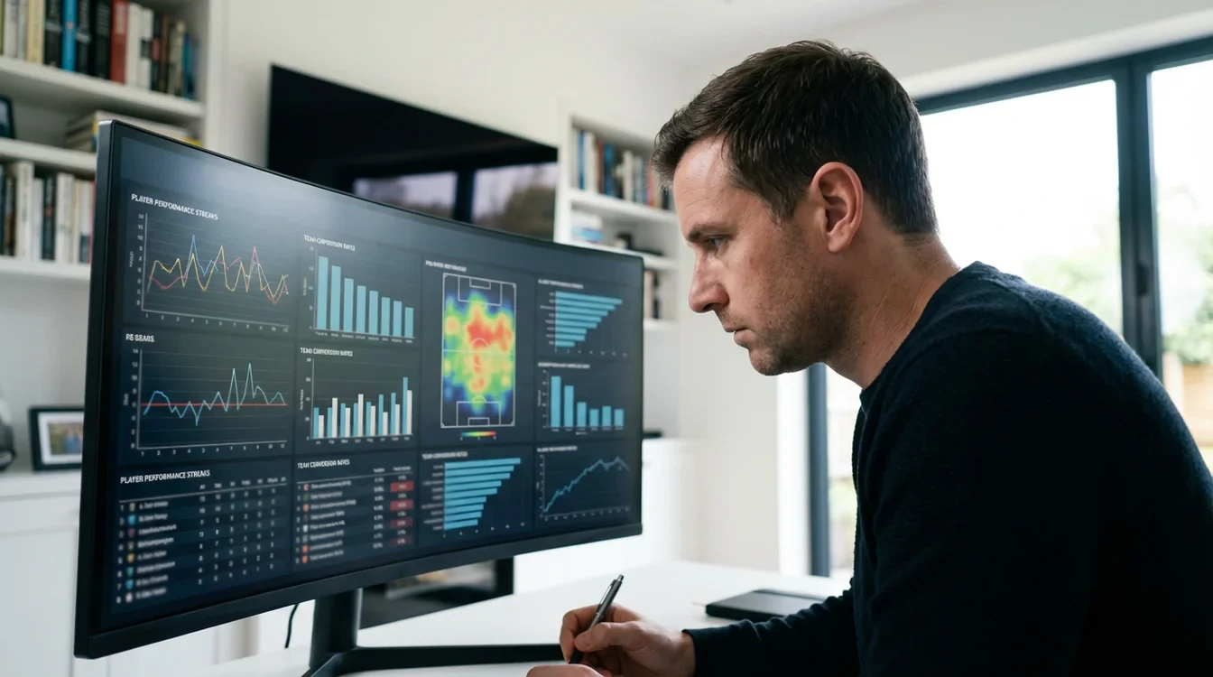 Analista sportivo che studia statistiche di calcio su monitor con grafici e dati
