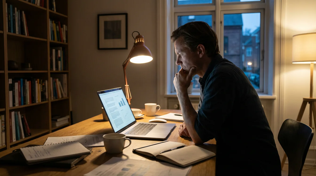 Persona pensierosa davanti a un computer che analizza dati sportivi con espressione concentrata