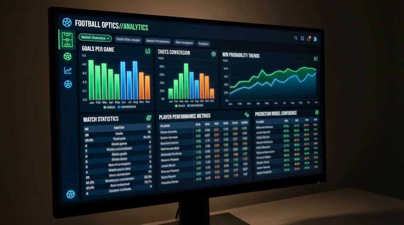 Schermo di computer con grafici statistici e tabelle di dati calcistici