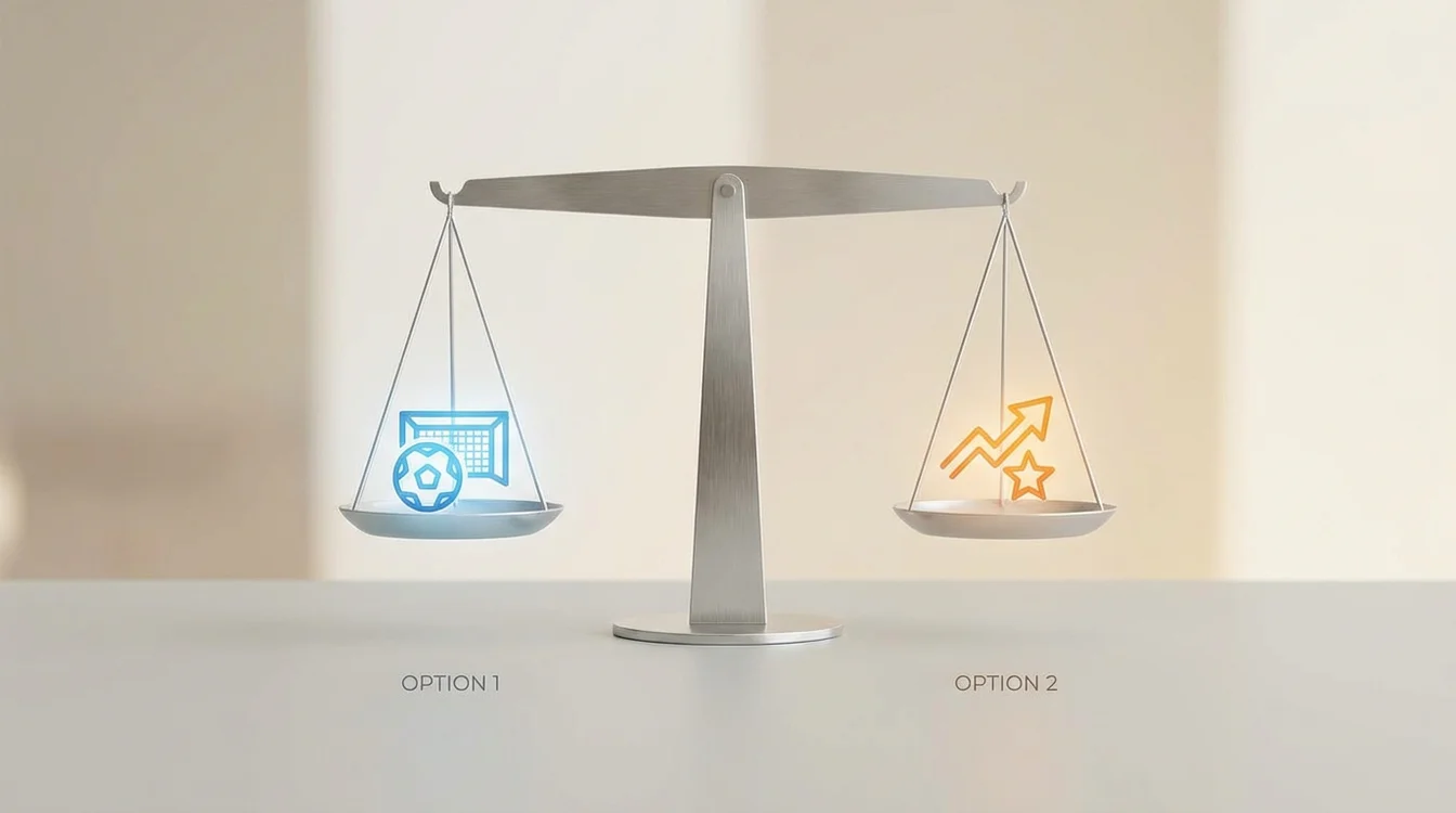 Bilancia stilizzata che confronta due opzioni rappresentate da simboli sportivi