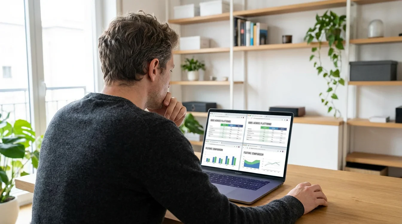 Persona che confronta offerte su laptop con più finestre del browser aperte