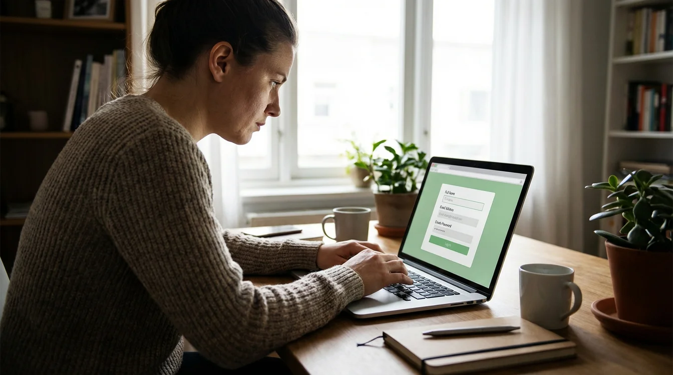 Persona che compila un modulo di registrazione online su laptop in ambiente domestico