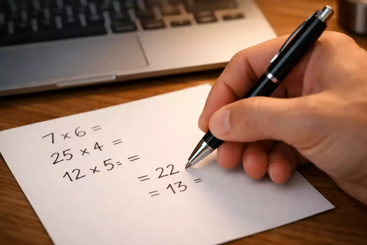 Mano che scrive calcoli su un foglio di carta con penna accanto a un laptop