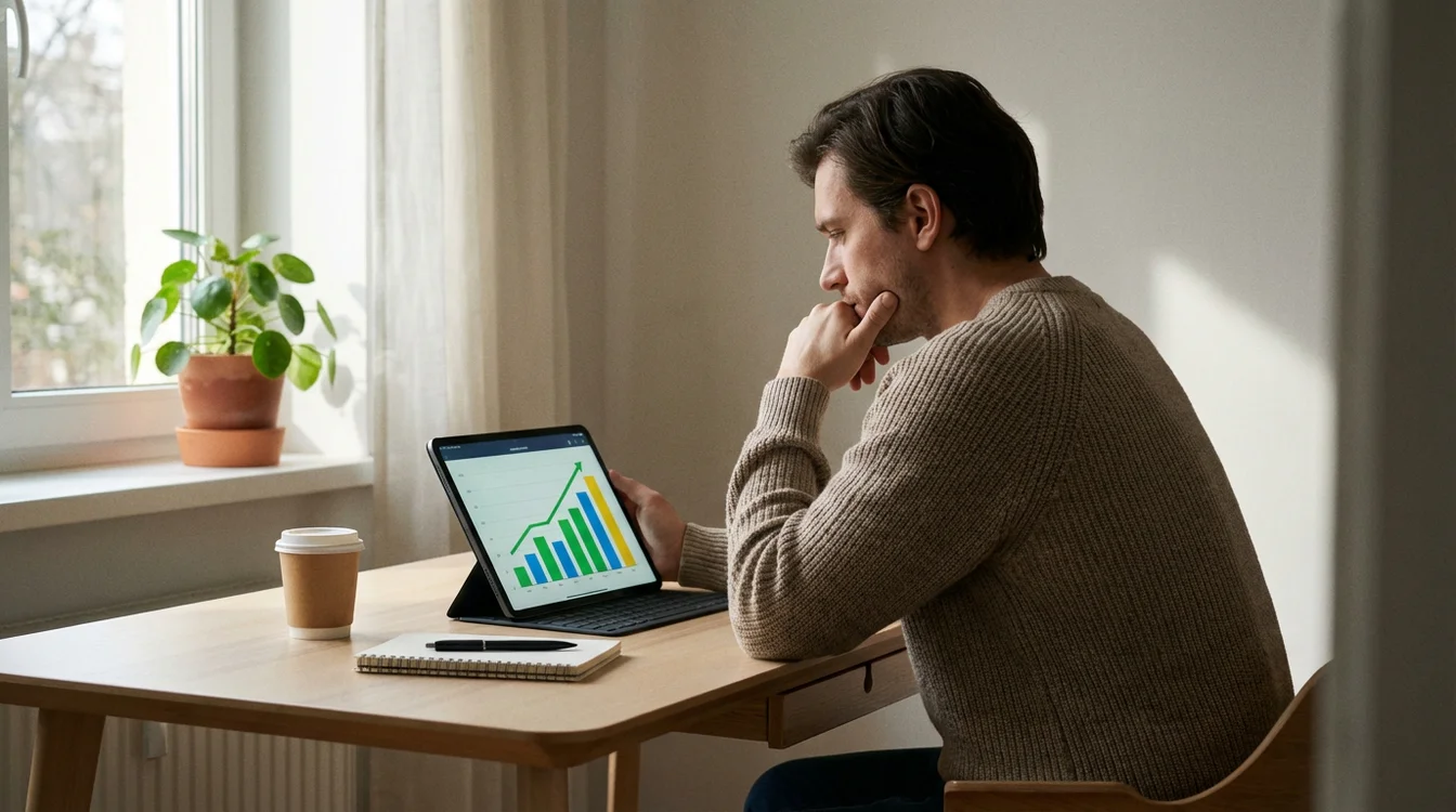 Persona concentrata che analizza dati su tablet con grafico a barre visibile sullo schermo