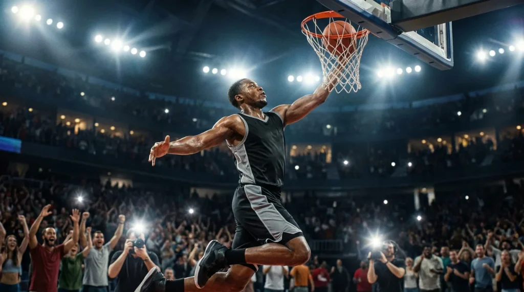 Azione di gioco durante una partita di basket con giocatore che effettua un tiro a canestro