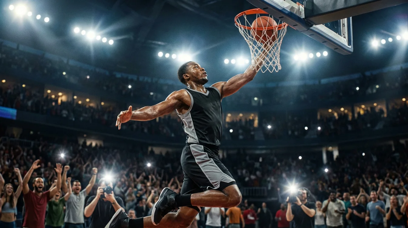 Azione di gioco durante una partita di basket con giocatore che effettua un tiro a canestro