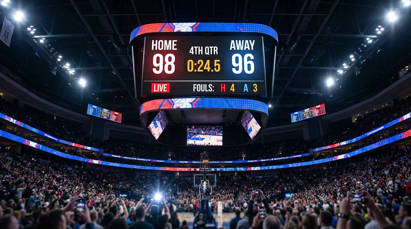 Tabellone segnapunti di una partita di basket che mostra punteggio e tempo
