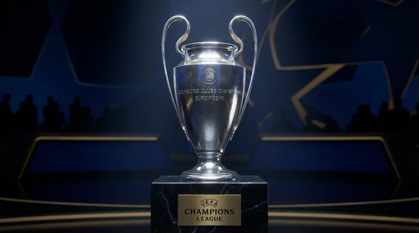Trofeo della Champions League esposto su piedistallo con luci riflesse