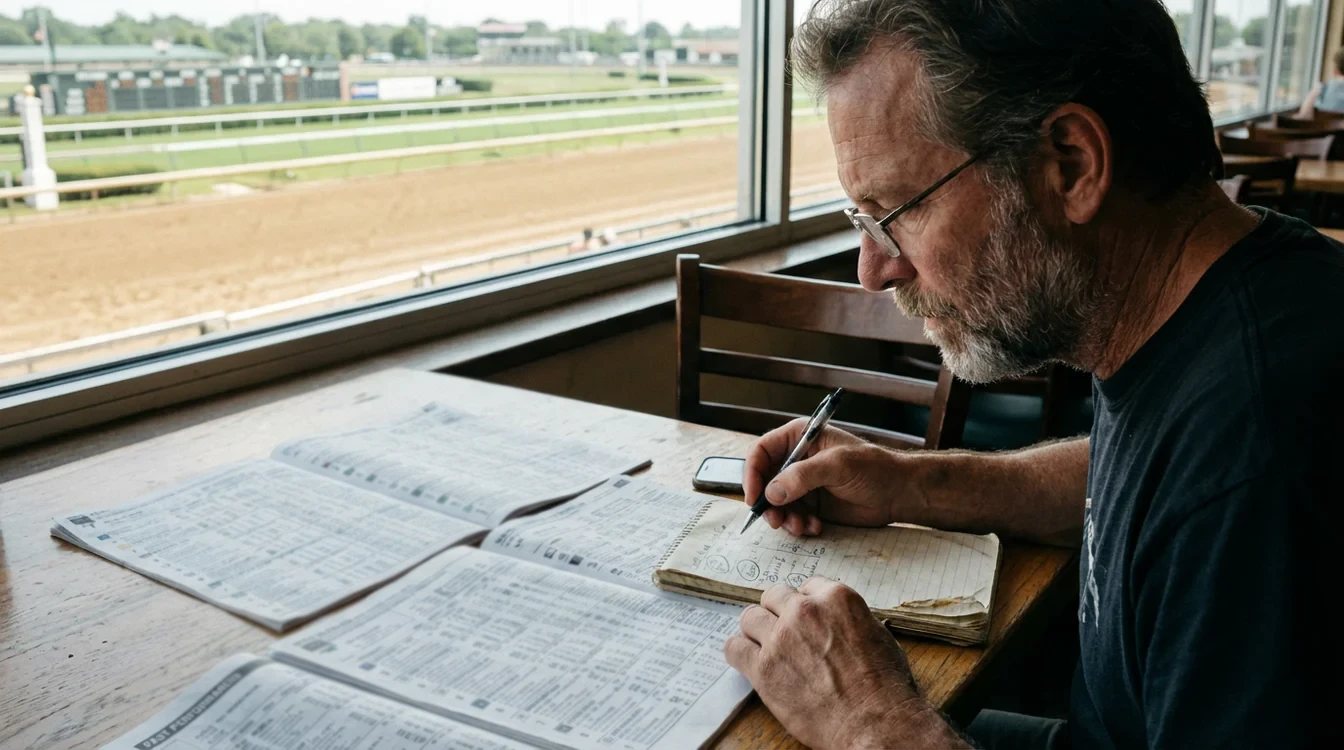 Persona che studia il programma delle corse con statistiche dei cavalli