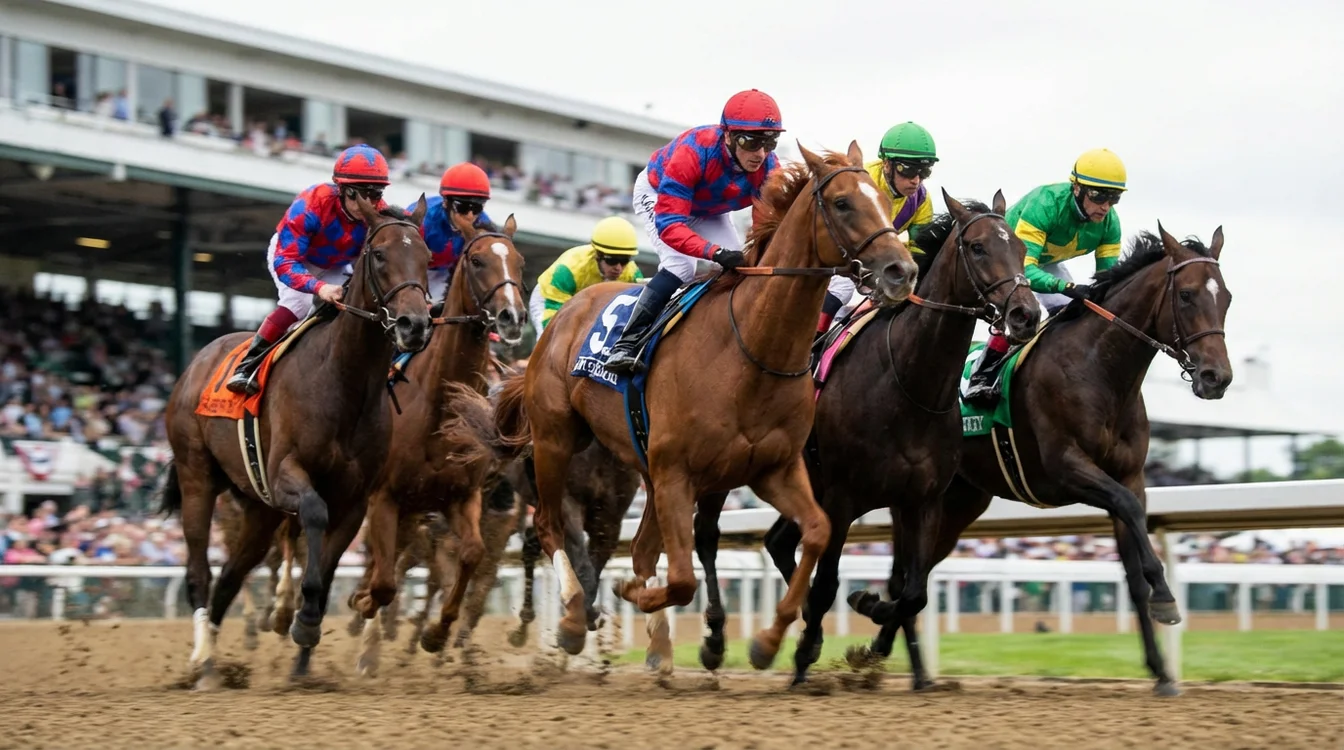 Cavalli da corsa al galoppo durante una gara con fantini in sella