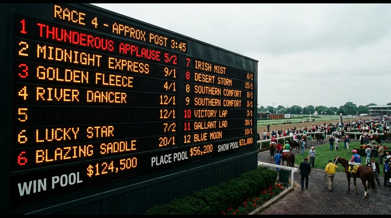 Tabellone dell'ippodromo con quote e nomi dei cavalli in gara