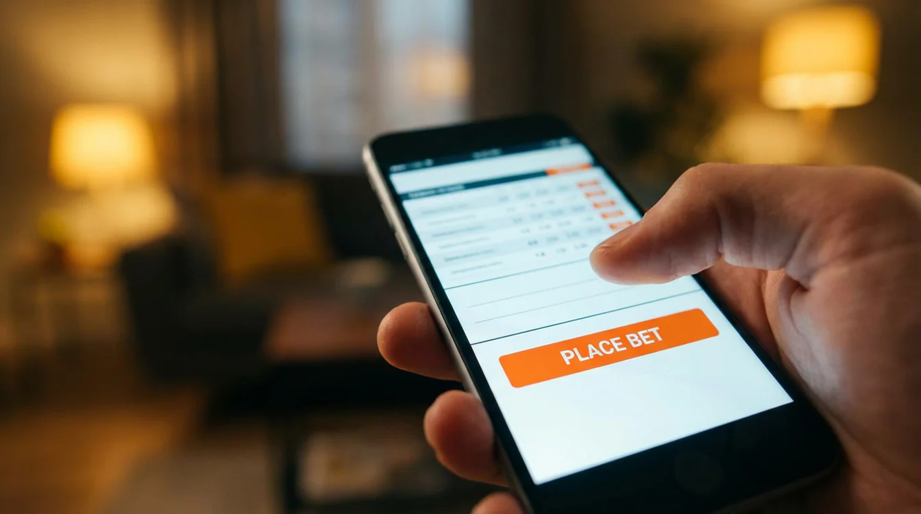 Dito che tocca lo schermo di uno smartphone per confermare un'operazione di scommessa
