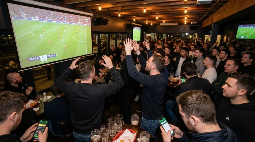Tifosi che guardano una partita di calcio su grande schermo in un ambiente sportivo