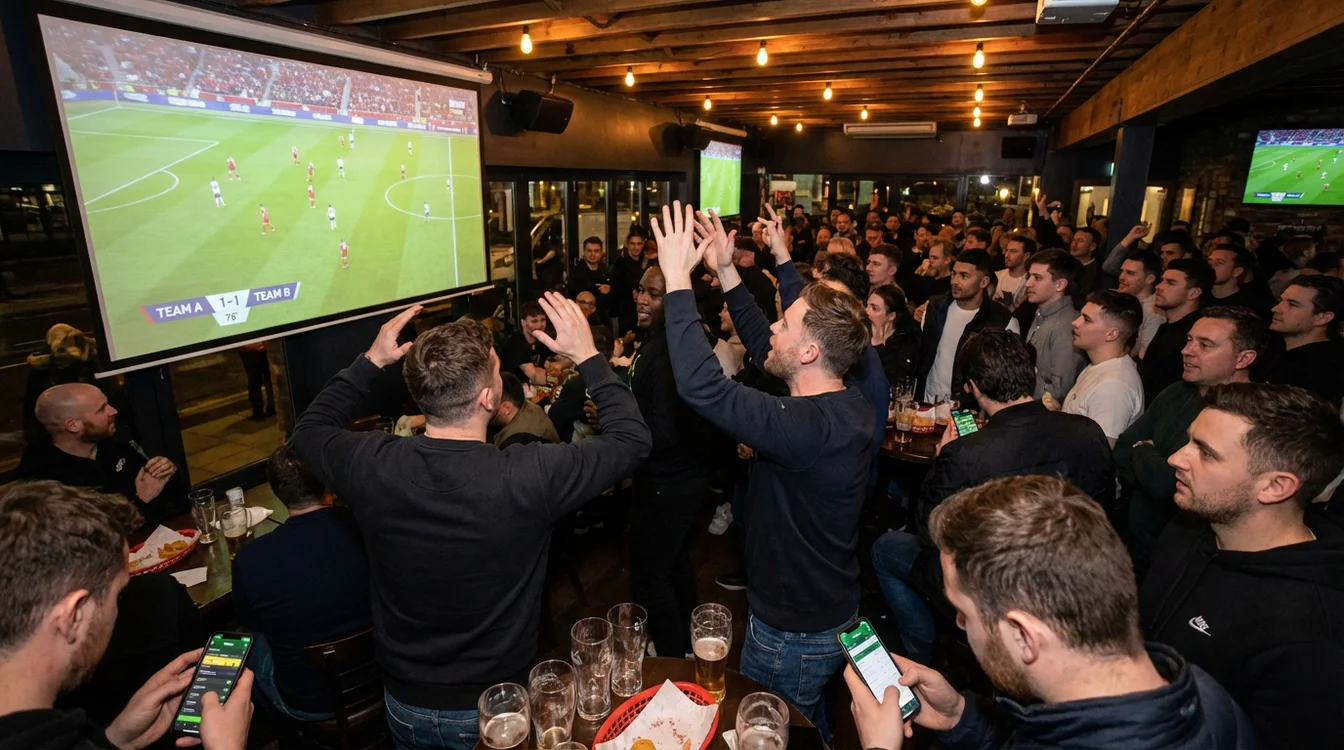 Tifosi che guardano una partita di calcio su grande schermo in un ambiente sportivo