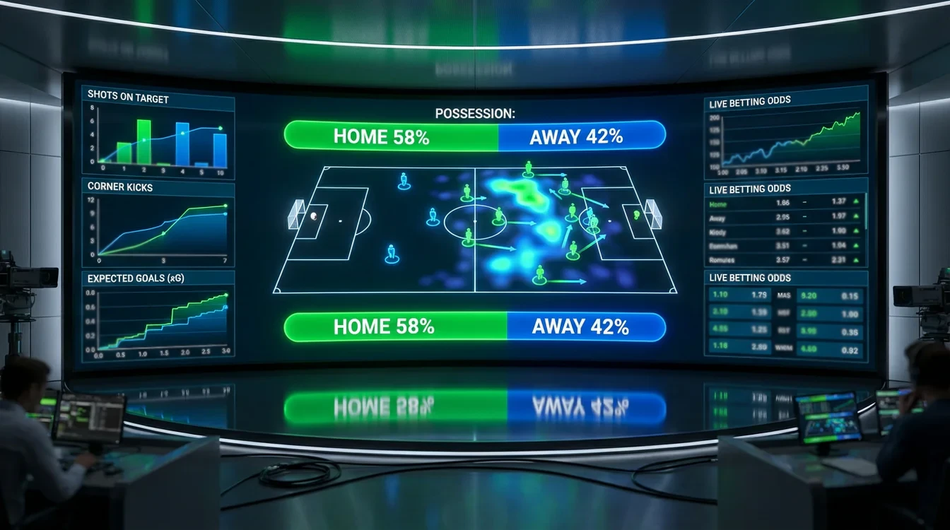 Schermo che mostra statistiche di una partita di calcio in tempo reale con grafici e dati