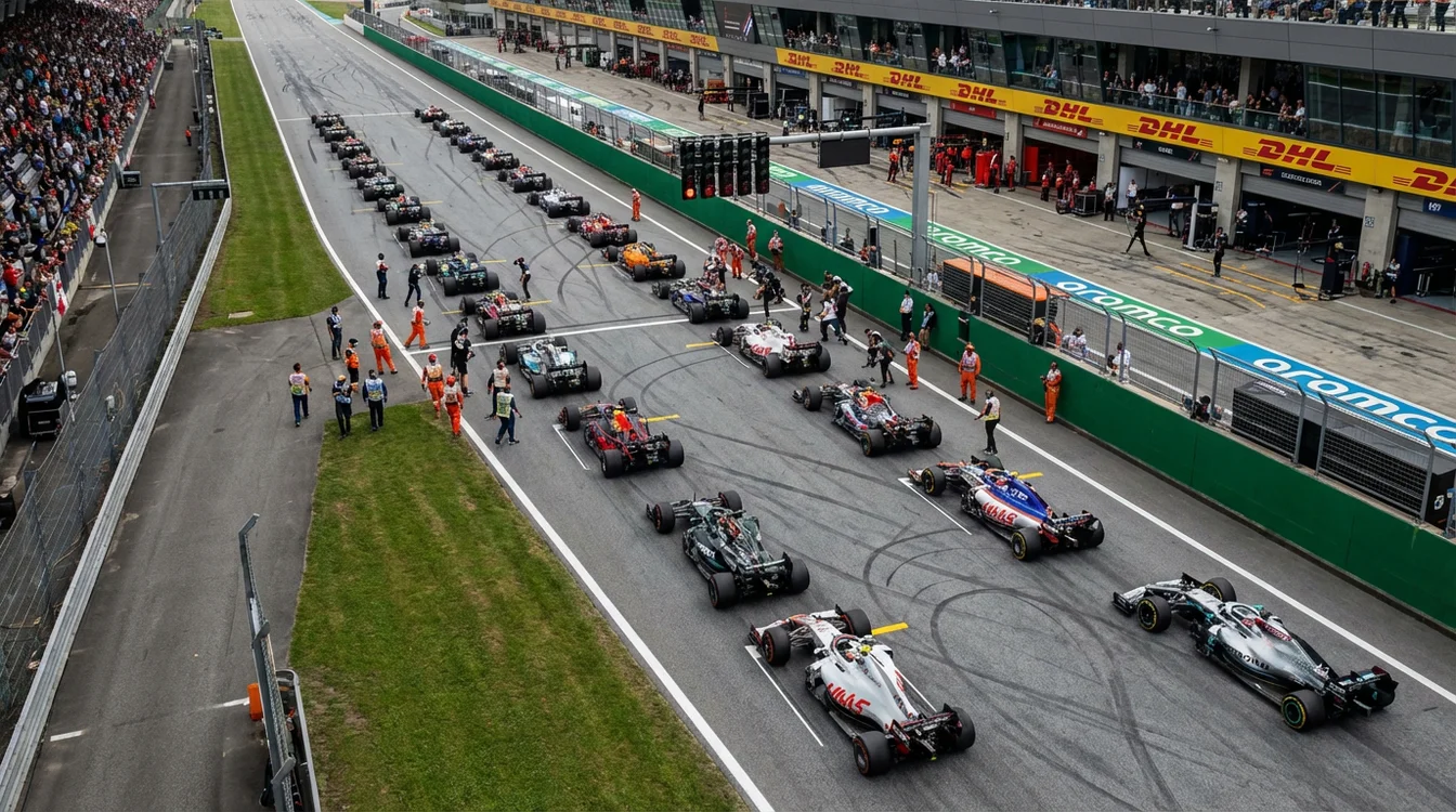 Griglia di partenza di un Gran Premio con monoposto schierate