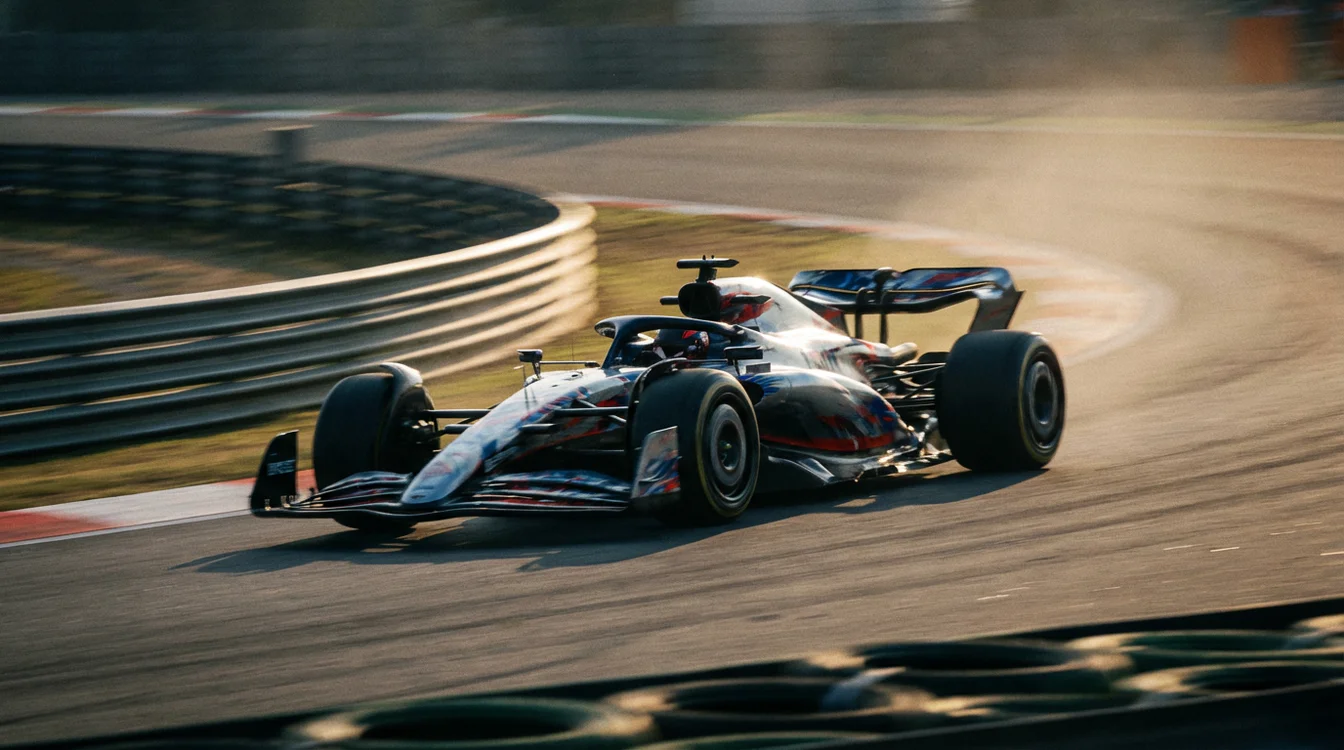 Monoposto di Formula 1 in pista durante una gara con sfocatura di movimento