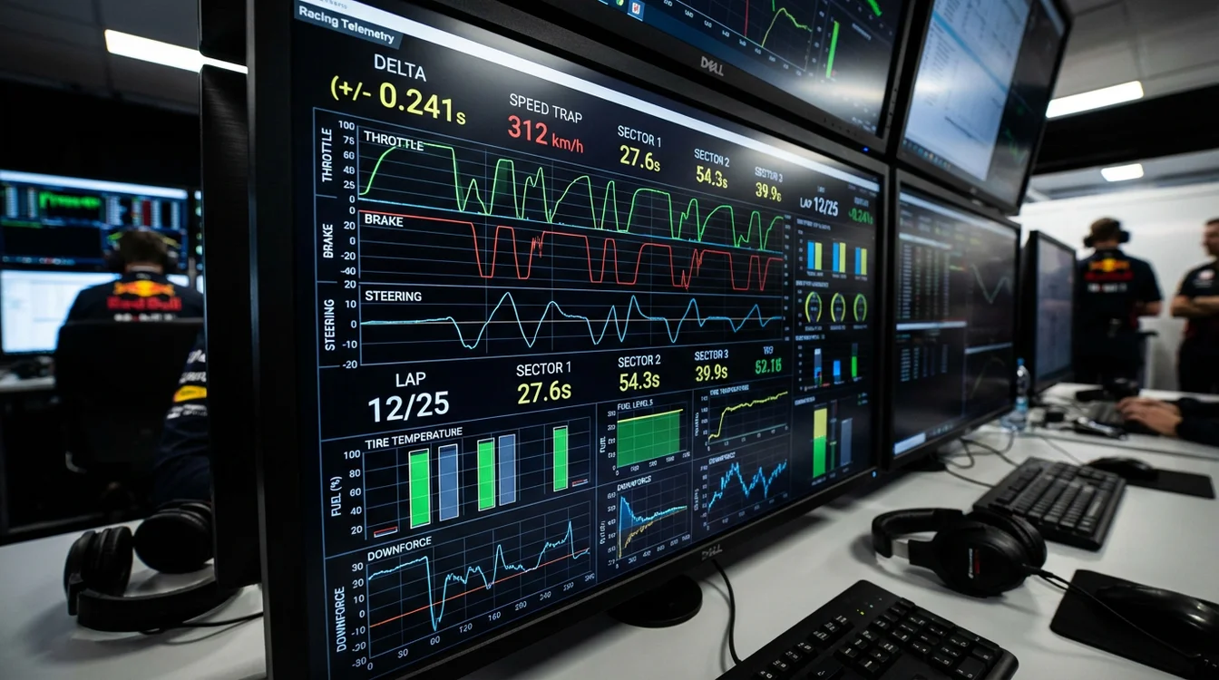 Monitor con dati telemetrici e statistiche di una gara automobilistica