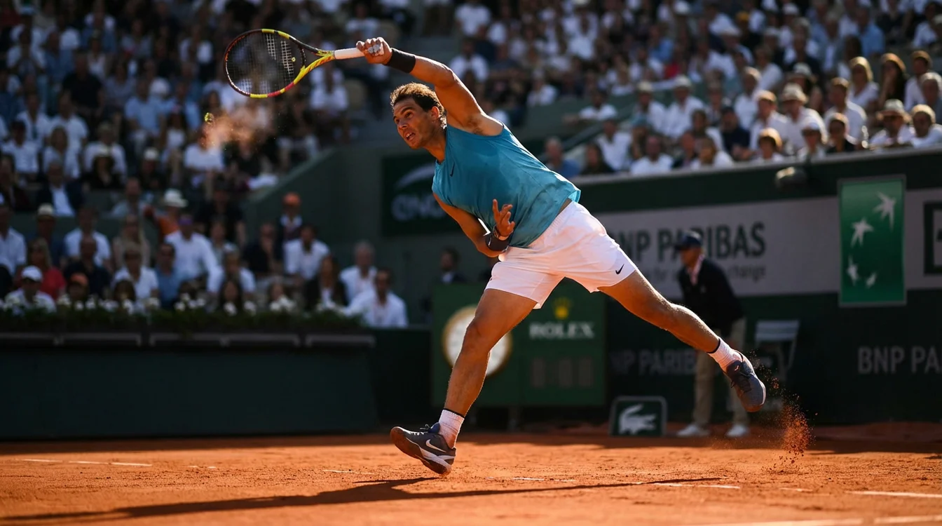 Tennista in azione durante un servizio su campo in terra battuta con pubblico sullo sfondo