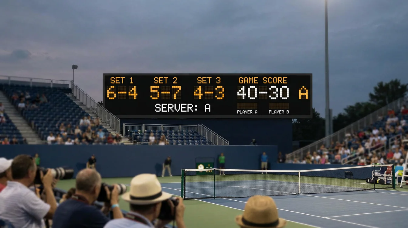 Tabellone segnapunti di un match di tennis che mostra punteggio in corso